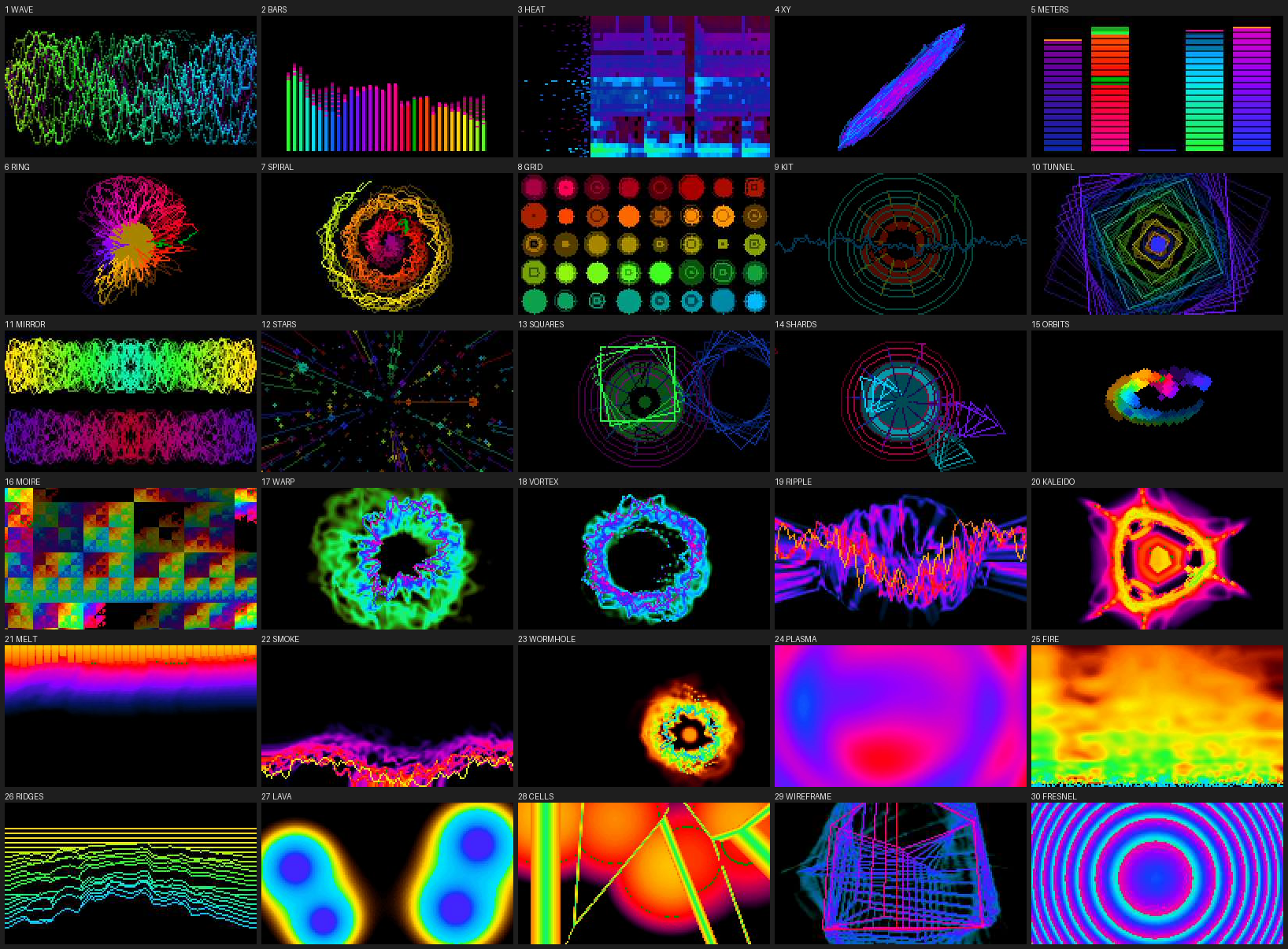The 30 picture modes, captured from the FM-1's USB video while music was playing